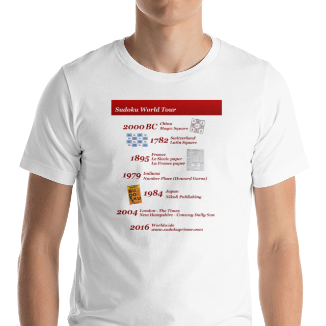 Sudoku World Tour t-shirt with a history of sudoku and where/when sudoku milestones occurred around the world